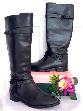 #72 BCBG MAX ARIZA ~ Black Leather Knee-High Full Zipper Adjustable Riding Boots